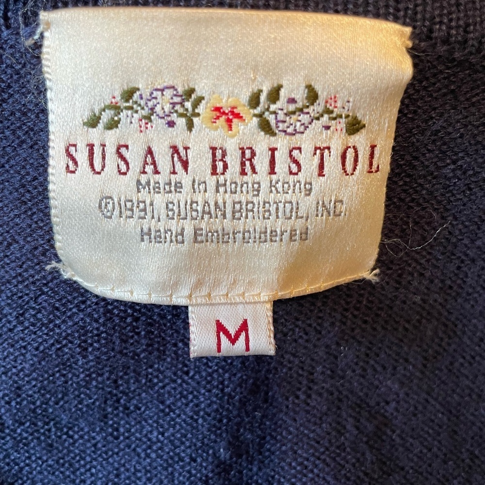 Vintage Susan Bristol Blue Size M Floral Embroidered Cardigan Sweater Cottage - Picture 7 of 12